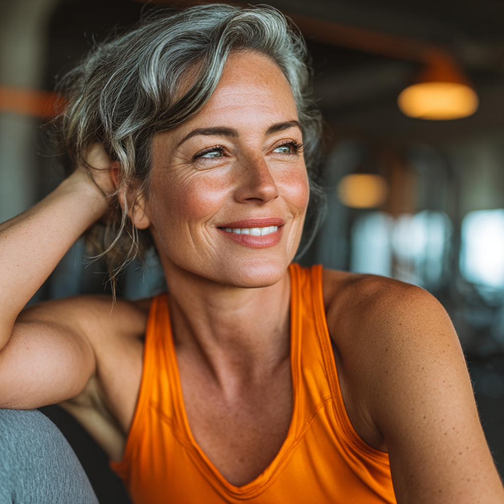 A fit woman in her late 40s with short gray hair smiling while doing stretching exercises in a modern gym, wearing orange athletic wear, natural lighting