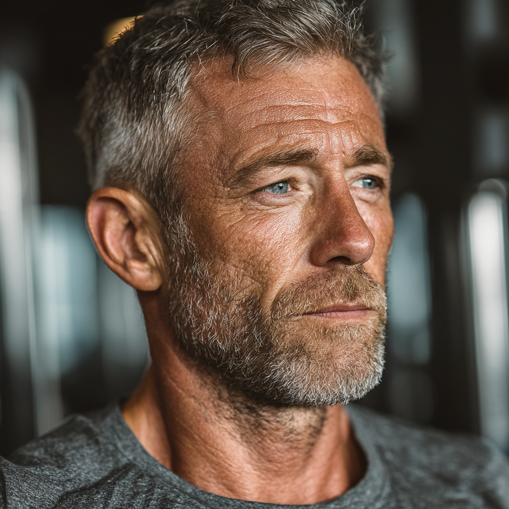 A middle-aged man around 50 years old with salt and pepper hair working out on exercise equipment in a bright gym, wearing a gray t-shirt, focused expression, professional lighting